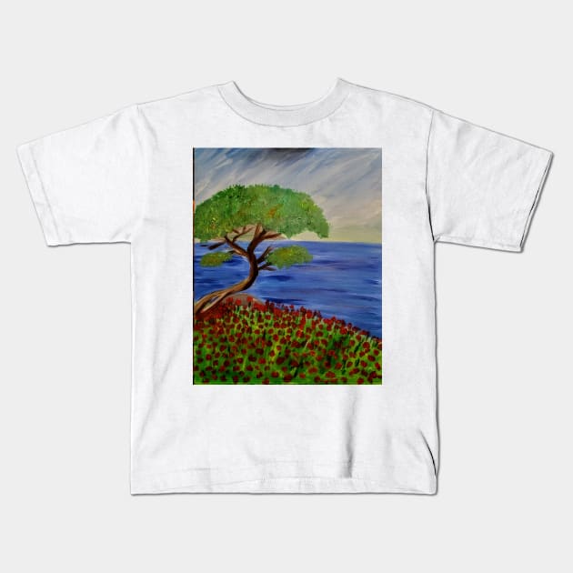 Bonzai tree over the edge of a cliff with poppies growing everywhere and a small island in the distance. Kids T-Shirt by kkartwork